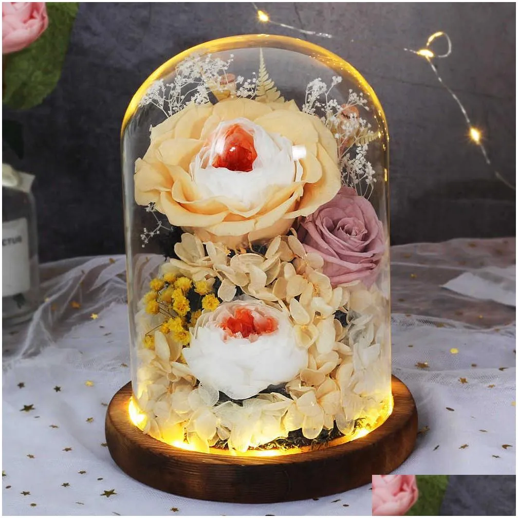 Decorative Flowers & Wreaths Valentine Mother Day Wedding Party Gift Preserved Rose Immortal Flowers In Glass Dome With Lamp Home Deco Dhkps
