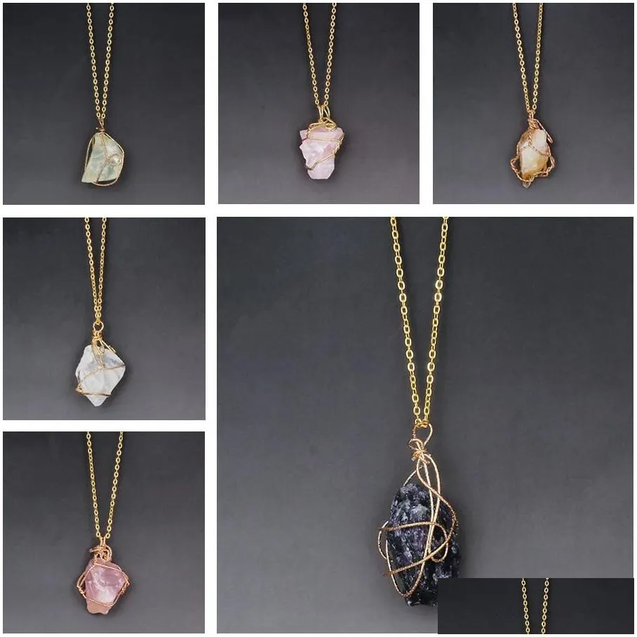 Pendant Necklaces Pretty Necklaces Gold Chain Wire Wrapped Punk Irregar Natural Stone Necklace Jewelry Rose Quartz Healing Crystals Pe Dhsa3