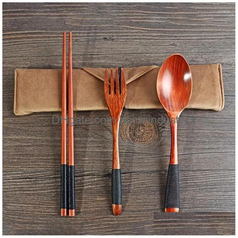 Dinnerware Sets Pcs Japanese Wooden Spoon Chopsticks Tableware Set D Bag Convenient Takeaway Cutlery Drop Delivery Dhsxb