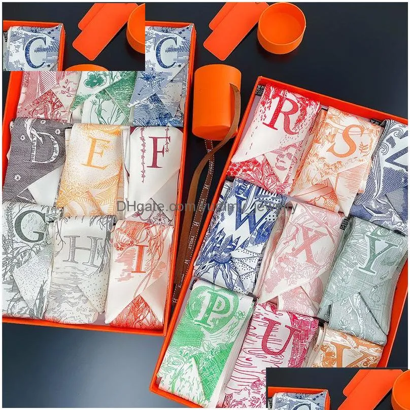 Scarves Tarot Brand Silk Scarves 26 Letters Iti Hand-Painted Printing Small Twill Imitation Scarf Tied Bag Handle Drop Delivery Fashio Dhujq