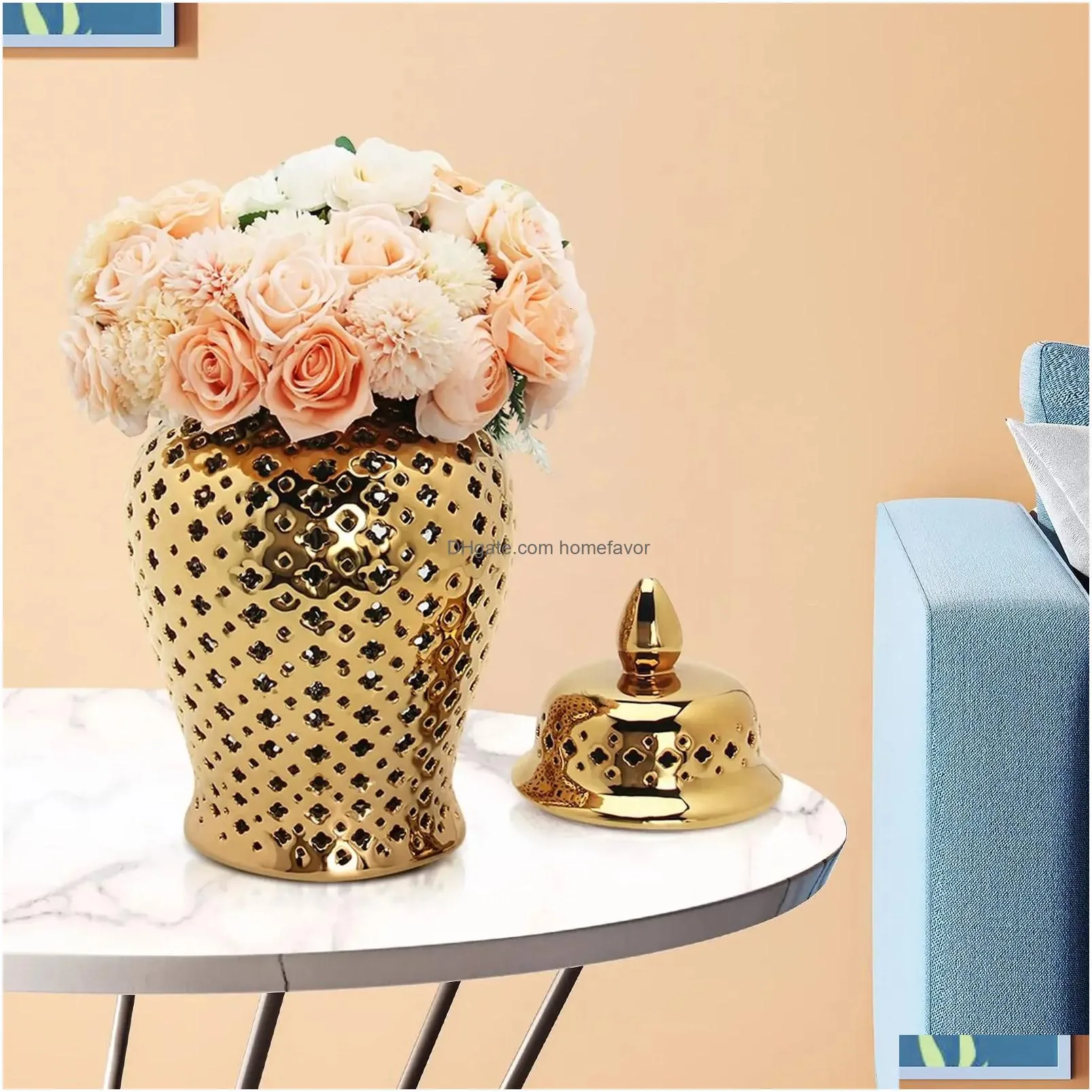 pierced gold ceramic vase ginger jar with lid hollow out storage jar bud vase carved lattice temple jar for room home decorative