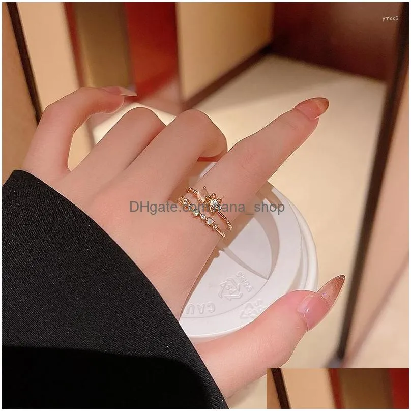 Cluster Rings Small  Fashion Ring Light Luxury Zircon Flower South Korea Sen Series Minority Double Open Drop Delivery Dhnoj
