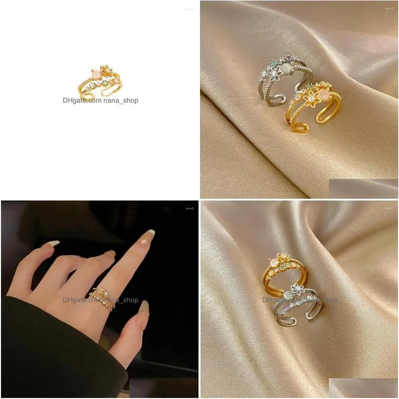 Cluster Rings Small  Fashion Ring Light Luxury Zircon Flower South Korea Sen Series Minority Double Open Drop Delivery Dhnoj