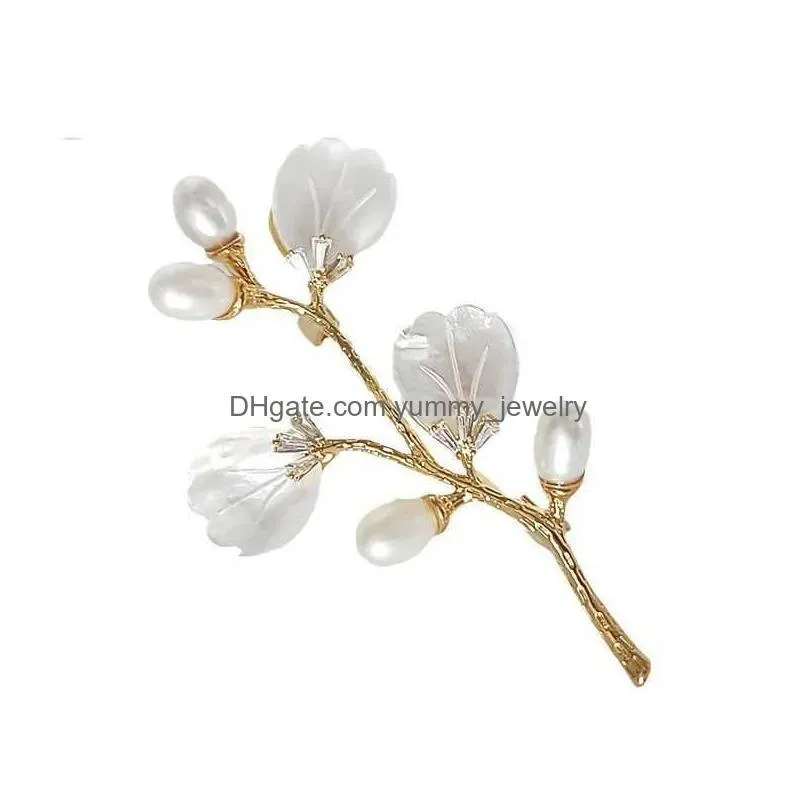 Pins, Brooches Pins Brooches Simple Natural Shell Flower Branch Brooch Elegant Temperament Coat Cardigan Pearl Jewelry Broche Decorat Dh8Qr