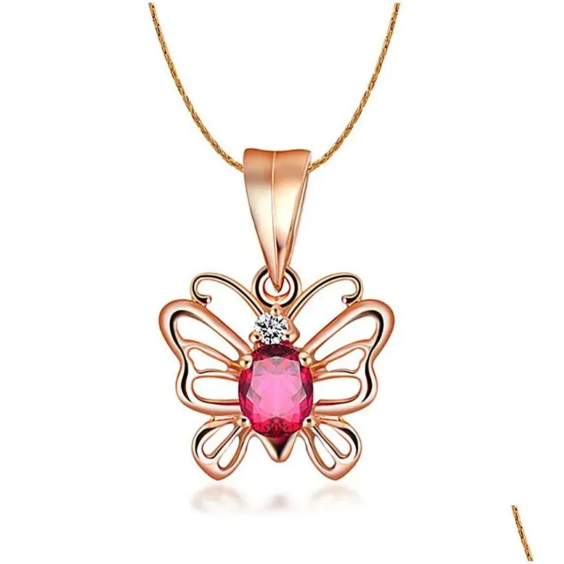 Pendant Necklaces Rose Gold Necklace Dancing Butterfly Gemstone Pendant Necklaces 18K Cutout Ruby Pendants Party Gift Jewelry Drop Del Dhtuq