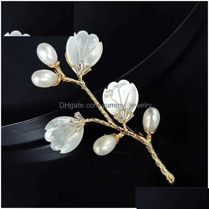 Pins, Brooches Pins Brooches Simple Natural Shell Flower Branch Brooch Elegant Temperament Coat Cardigan Pearl Jewelry Broche Decorat Dh8Qr