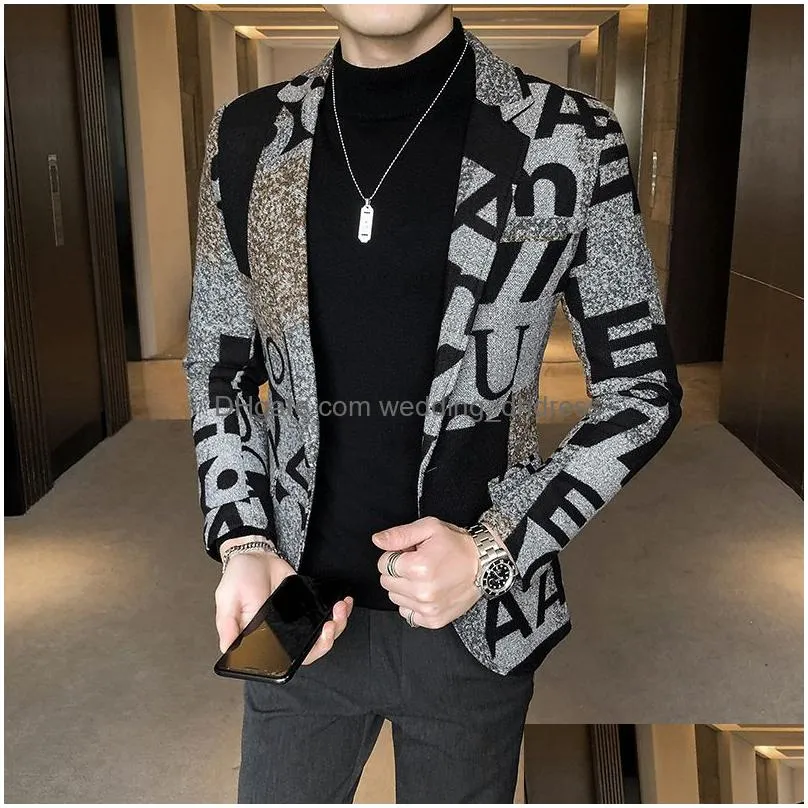 brand clothing letter print wool woolen blazer men winter men blazers casual suit jacket slim party club wedding socialhomme s-5xl