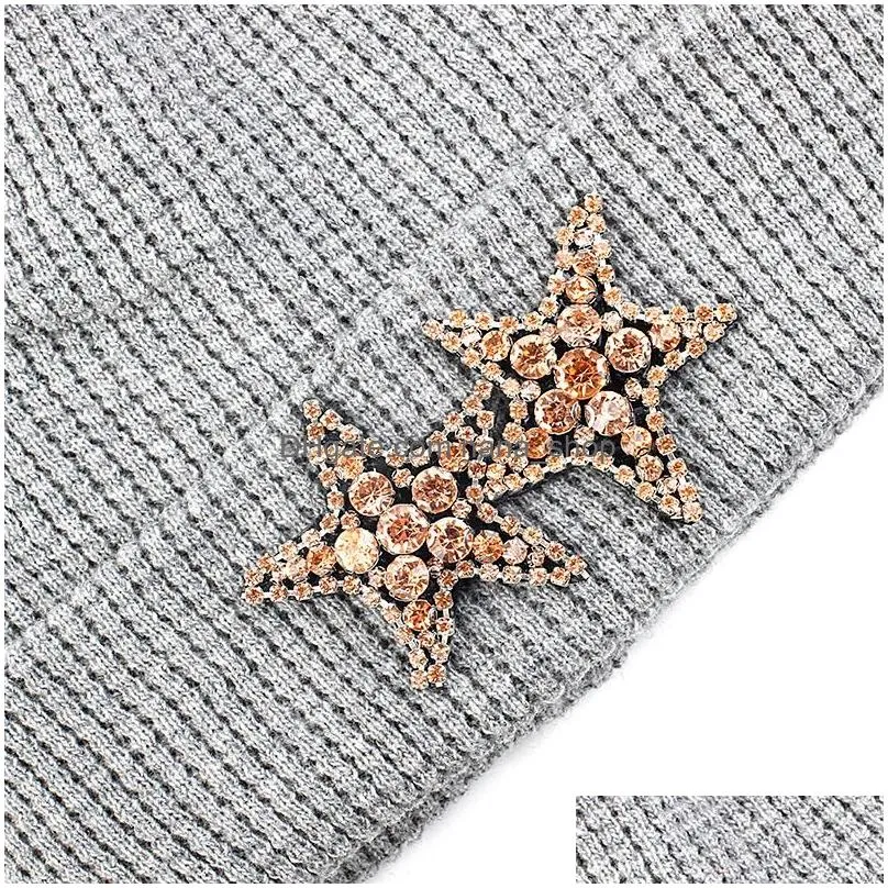 Berets Men Women Cashmere Knitted Beanie Hat With 2 Diamonds Stars Rhinestone Accessories Warm Sklies Beanies Plover Cuff Cap Drop De Dhyo6