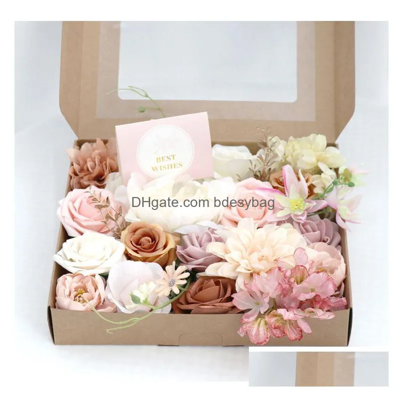 Decorative Flowers & Wreaths Romantic Champagne Rose Flowers Box Valentines Mothers Day Gift For Diy Wedding Bridal Bouquets Pink Fake Dh4Ng