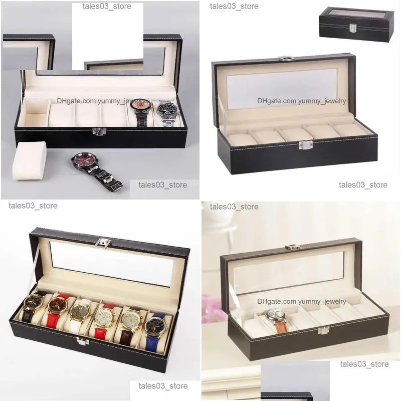 Jewelry Boxes 6 Slots Leather Storage Box Organizer New Mechanical Mens Display Holder Cases Black Gift Items Q231109 Drop Delivery Dhyzp