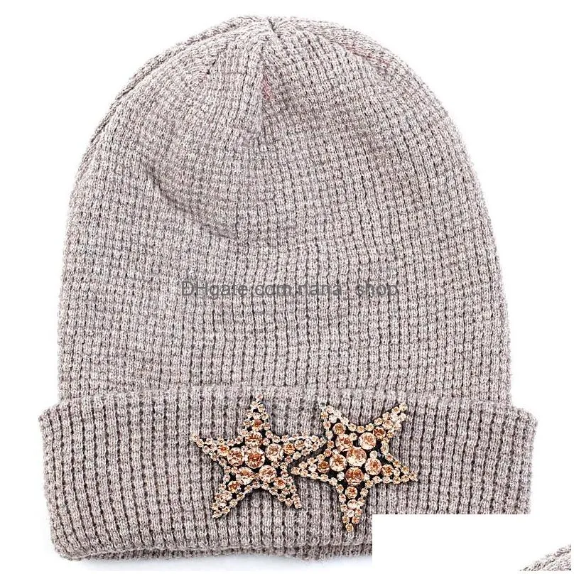 Berets Men Women Cashmere Knitted Beanie Hat With 2 Diamonds Stars Rhinestone Accessories Warm Sklies Beanies Plover Cuff Cap Drop De Dhyo6