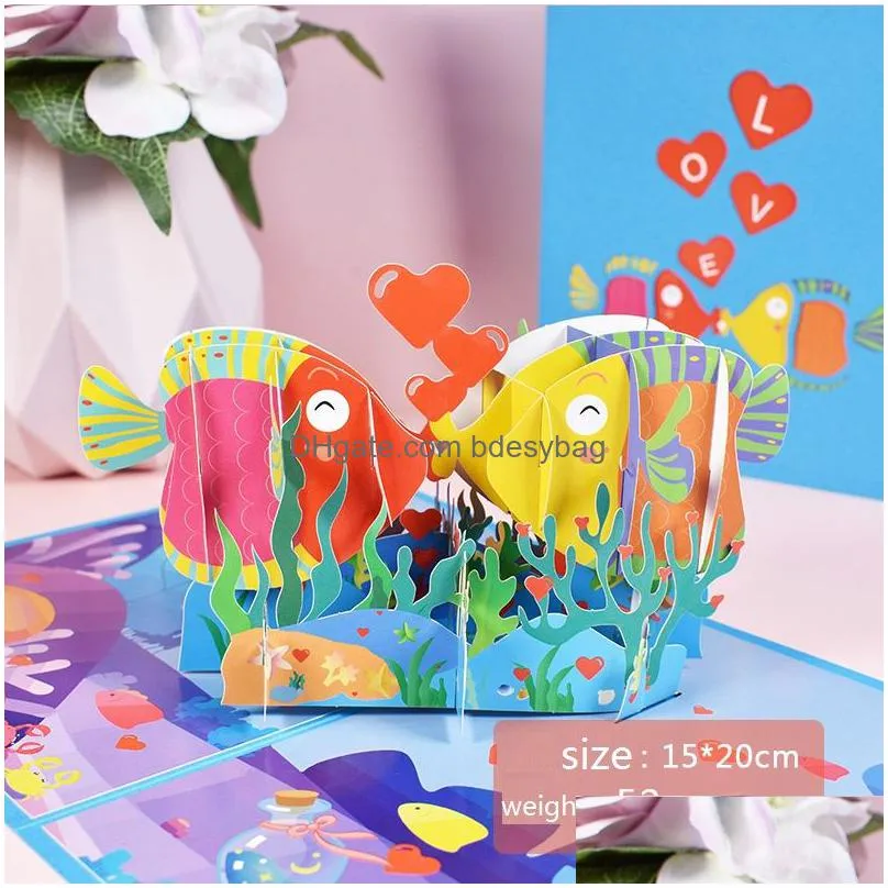 Greeting Cards 3D Valentine Greeting Card  Up Kissed Fish Shaped Wedding Party With Envelope Festival Supplies Drop Delivery Home G Dho6S