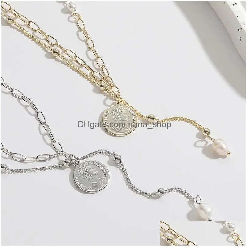 Pendant Necklaces 2023 Fashion Women Ins Pearl And Character Portrait Coin Paper Clips Chain Beads Double Layer Necklace Drop Deliver Dhare