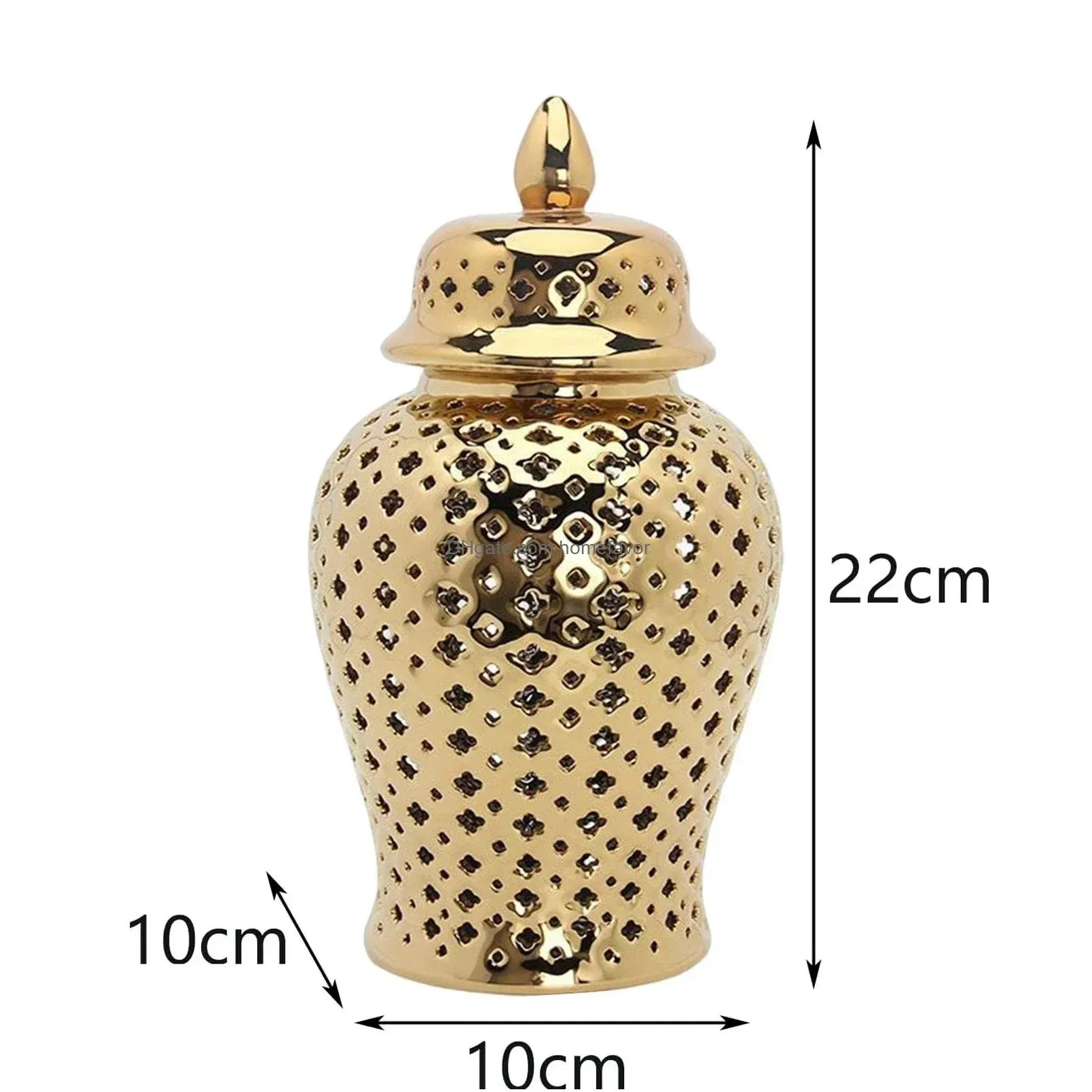 pierced gold ceramic vase ginger jar with lid hollow out storage jar bud vase carved lattice temple jar for room home decorative