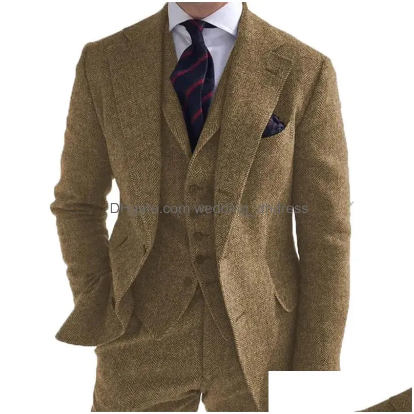 mens suits blazers gray wool tweed winter men suits for wedding formal groom tuxedo herringbone male fashion 3 piece jacket vest pantstie