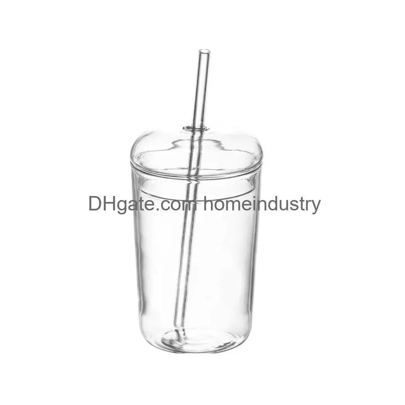 Wine Glasses 450Ml Clear Glass Cup With Lid And St Heat Resistant Tumbler For Coffee Milk Cold Drink Water Bottle Drinkware Drop Deli Dhaum