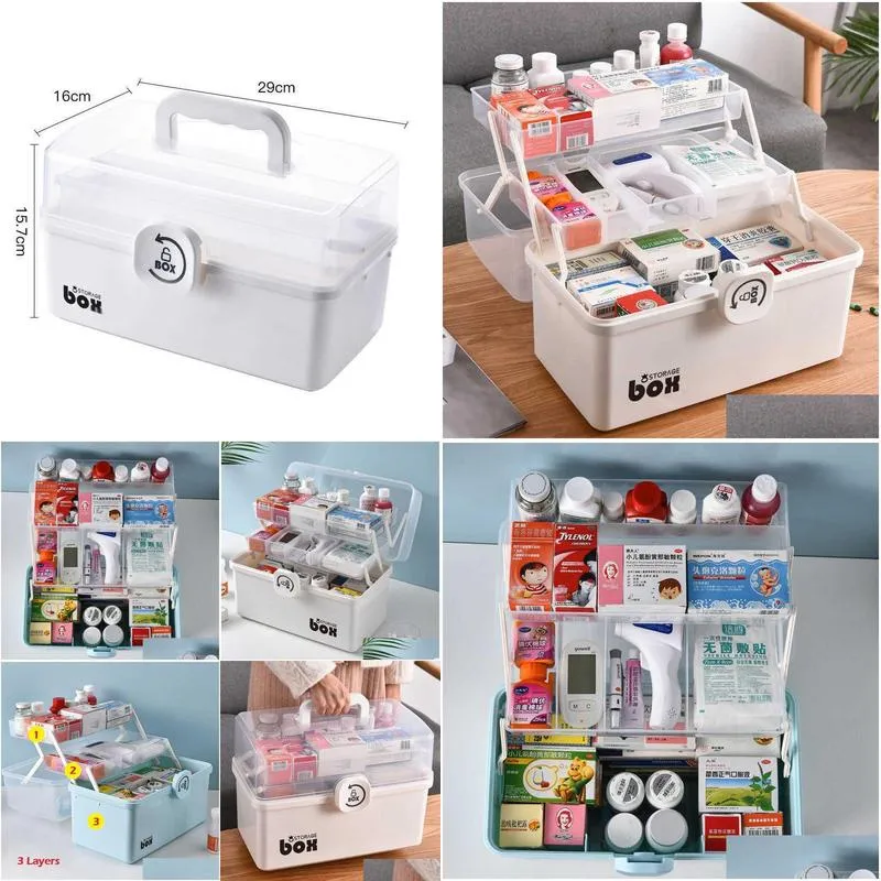 Storage Boxes & Bins Plastic Tier Medicine Boxes Storage Box Large Capacity Der Sundries Organizer Folding Chest First Aid Kit Drop De Dh0Gh