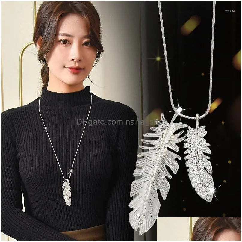 Pendant Necklaces Rhinestone Feather Long Pendants For Women Jewelry Maxi Statement Necklace Sweater Dress Accessories All Drop Deliv Dhnwf