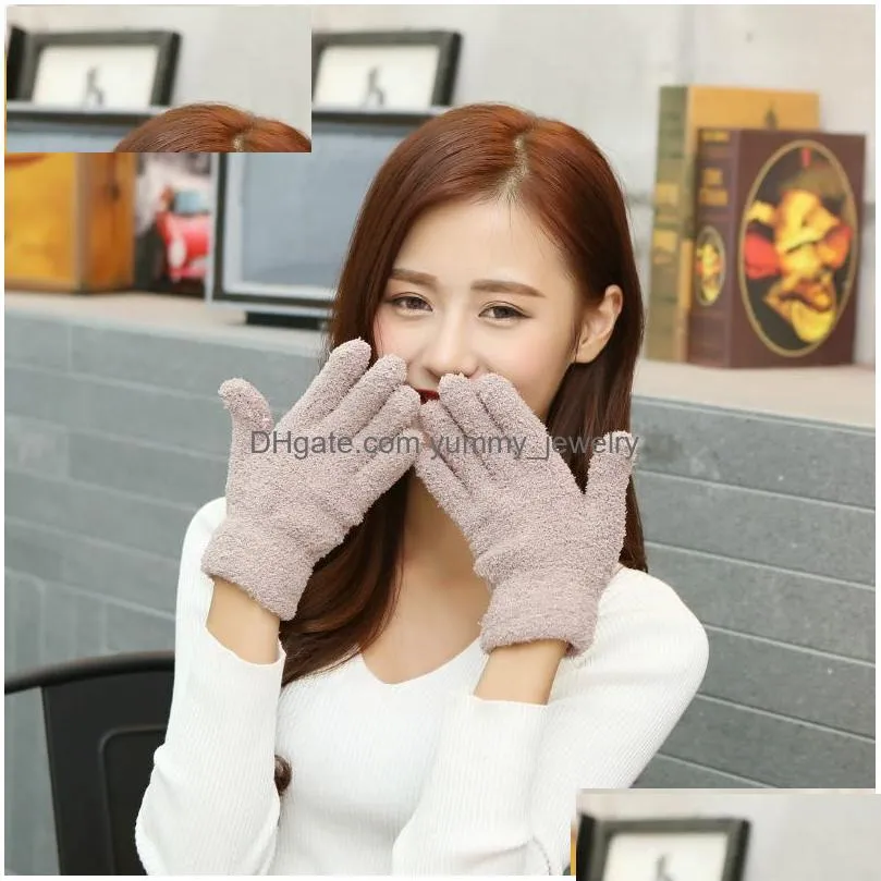 Five Fingers Gloves Women Five Fingers Gloves Winter Warm Fluffy Mittens Adt Size Woman Fashion Pure Color Wholesale Melody2041 Drop D Dhne0