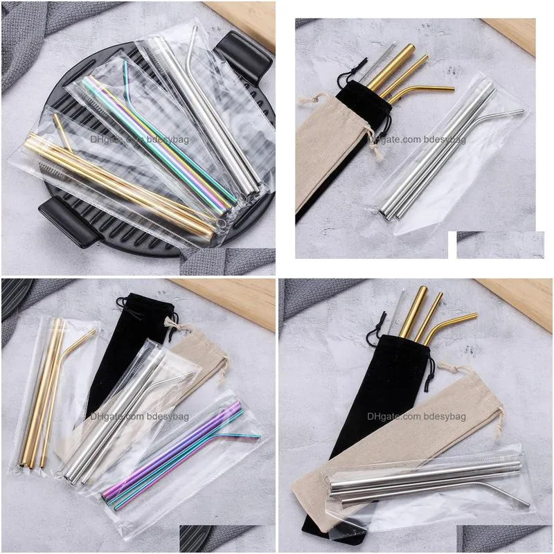 Drinking Straws Colorf Rainbow Reusable Drinking Sts Iridescent Metal With Portable Case And Cleaning Brushes For Tumbler Stainless Dr Dhzhm