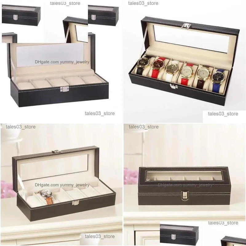 Jewelry Boxes 6 Slots Leather Storage Box Organizer New Mechanical Mens Display Holder Cases Black Gift Items Q231109 Drop Delivery Dhyzp