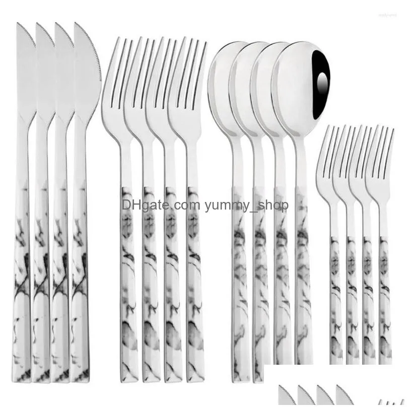 dinnerware sets 16/24pcs knives fork spoons cutlery set marble texture western stainless steel tableware rack flatware