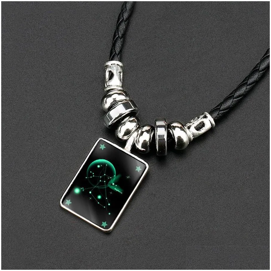 Pendant Necklaces New Twee Constellation Necklace Men Black Gallstone Aquarius Pisces Scorpio Sagittarius Capricorn Beaded Pendant Dro Dh3Uf