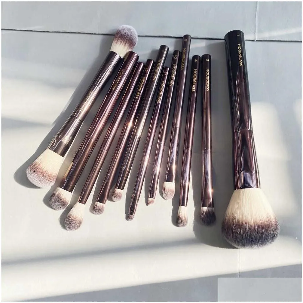hourglass makeup brushes set - 10-pcs powder blush eyeshadow crease concealer eyeliner smudger dark-bronze metal handle cosmetics