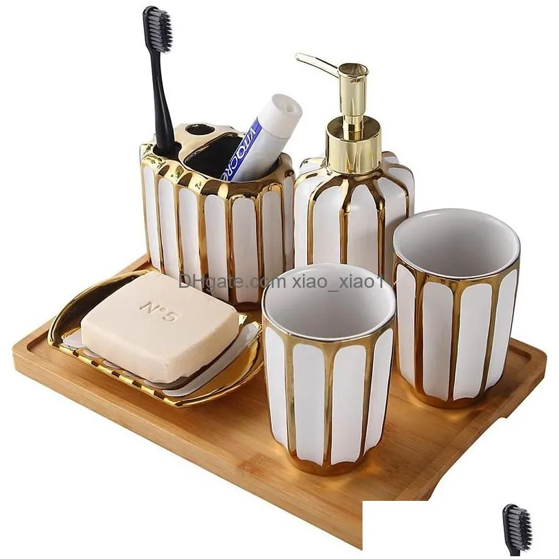sets 5pcs/lot golden plating ceramic bathroom accessories set soap dispenser toothbrush holder tumbler soap dish bathroom products