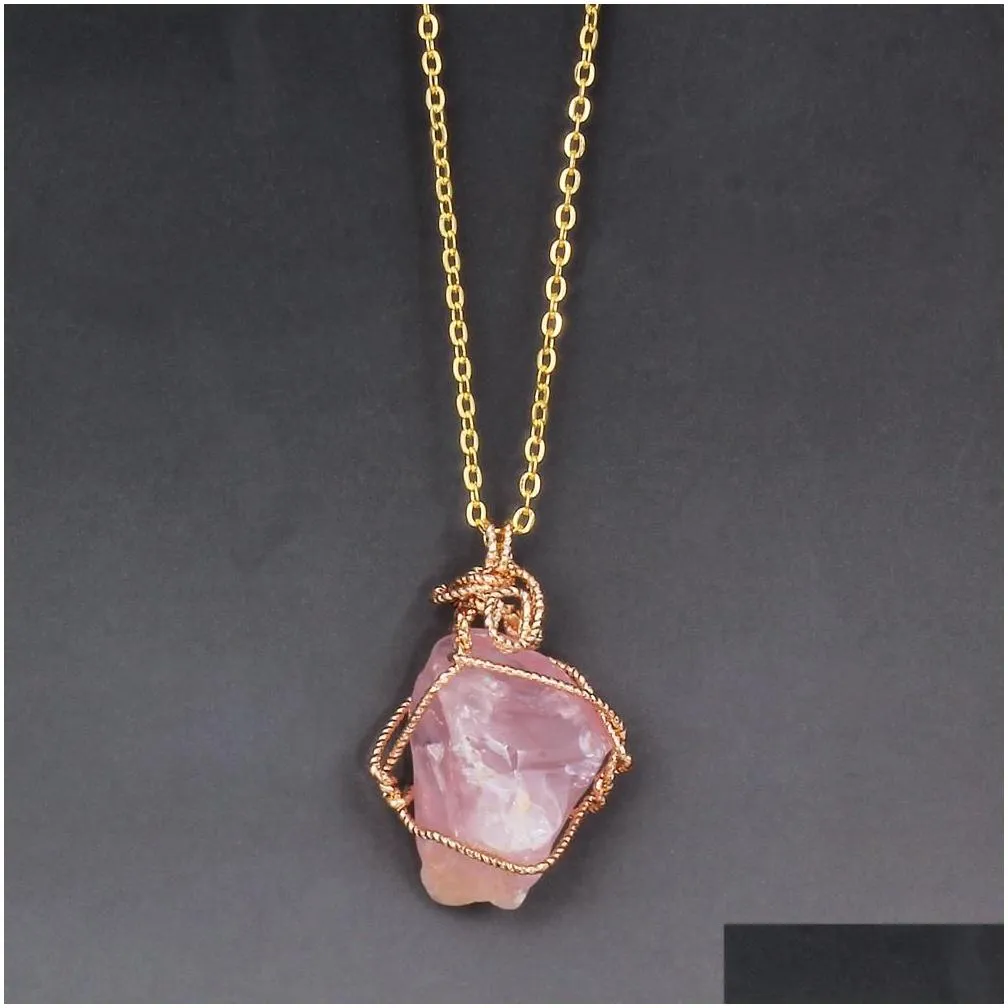 Pendant Necklaces Pretty Necklaces Gold Chain Wire Wrapped Punk Irregar Natural Stone Necklace Jewelry Rose Quartz Healing Crystals Pe Dhsa3