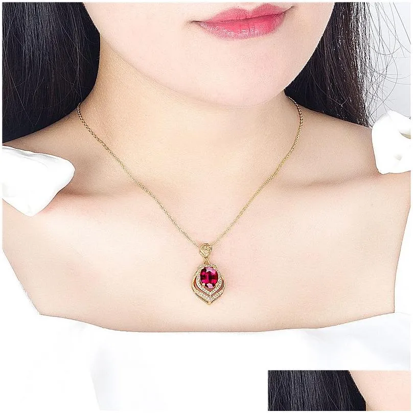 Pendant Necklaces 18K Gold Necklaces Luxury Water Drop Pear Shaped Ruby Gemstone Pendant Necklace For Women Sier Wedding Jewelry Drop Dhrzg