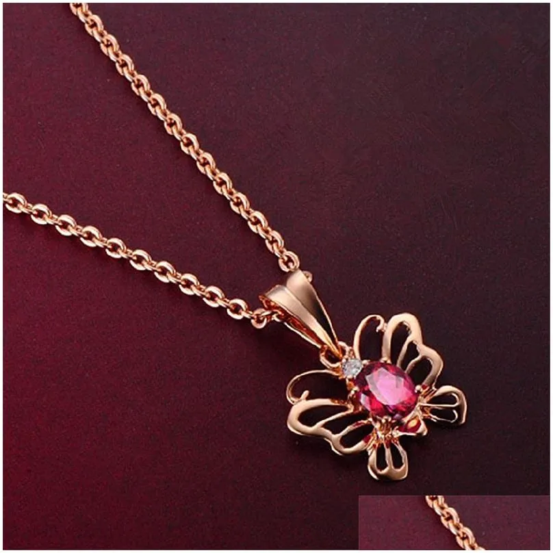 Pendant Necklaces Rose Gold Necklace Dancing Butterfly Gemstone Pendant Necklaces 18K Cutout Ruby Pendants Party Gift Jewelry Drop Del Dhtuq