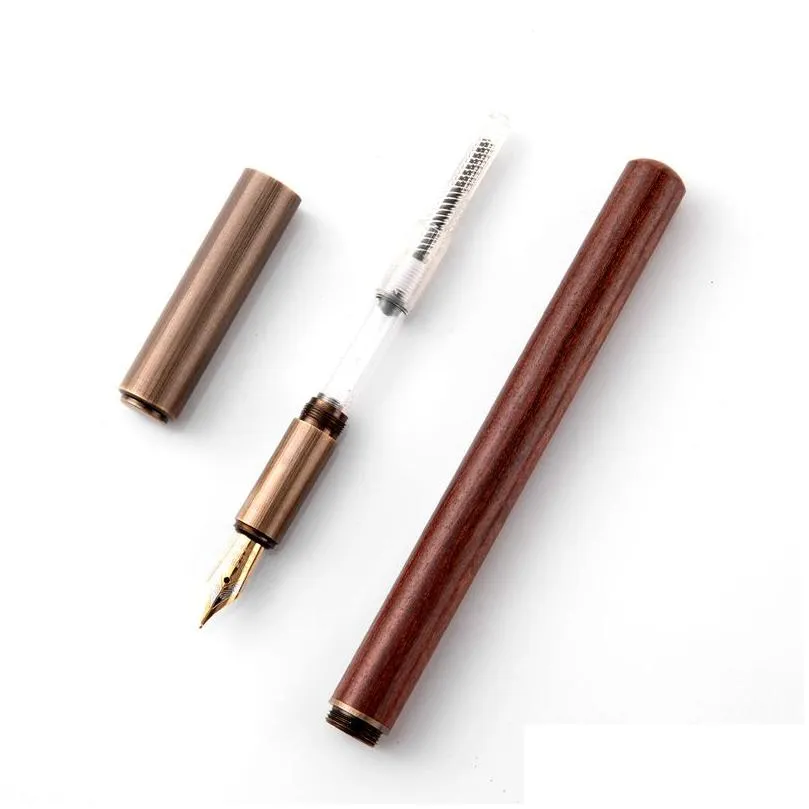 Fountain Pens Wholesale Retro Sandalwood Bronze Fountain Pen 05Mm Luxurry Wooden Office Business Writing Art Calligraphy Pens Gifts St Dhgjr