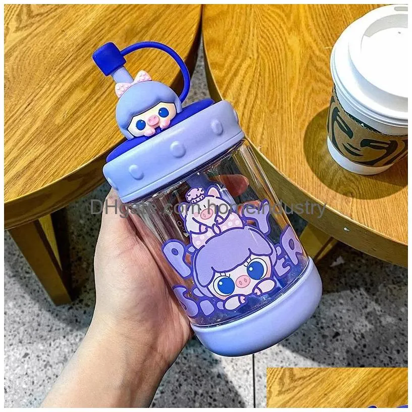 Water Bottles Summer Cartoon Girl Heart Cute Pig Pink Green Cup Super Portable Outdoor Plastic St Drop Delivery Dhmpb