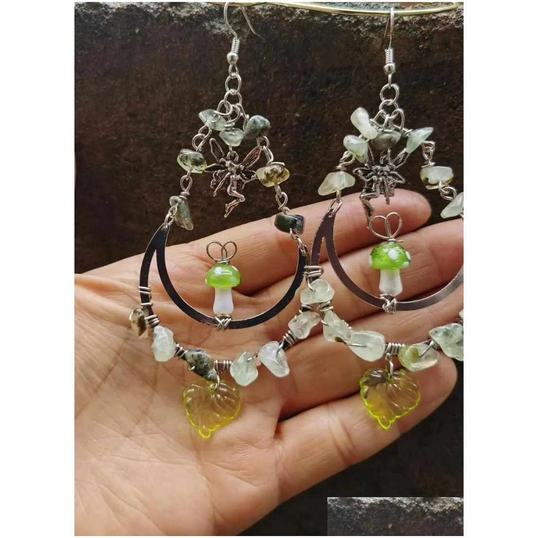 dangle earrings magic olive green mushroom standing on moon prehnite cottagecore jewelry witchy boho