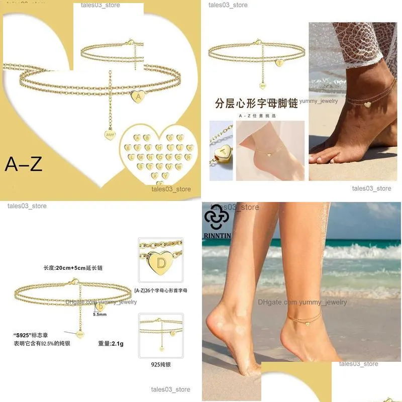 Anklets Wholesale S925 Sterling Sier Initial Anklet Braccelet 26 Letter A-Z Feet Double Layer Adjustable Chain Women Fashion Jewelry Dhzc1