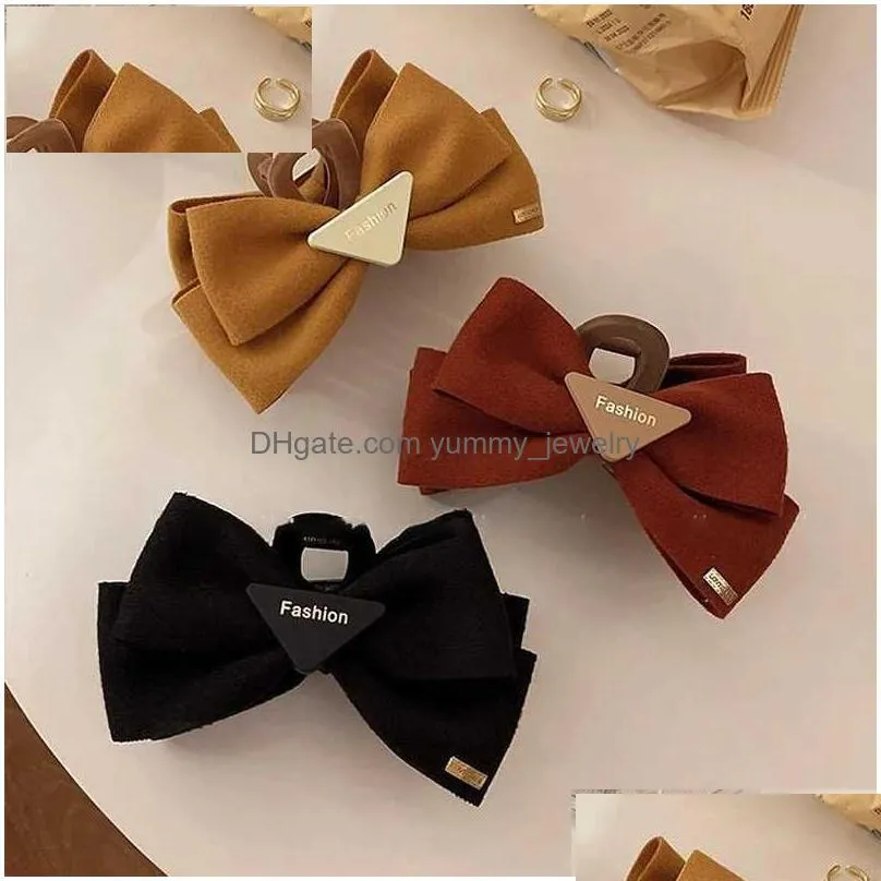 Headwear & Hair Accessories Headwear Hair Accessories Woolen Cloth Bow Women Claws Casual La Big Bowknot Triangle Claw Clips Fashion D Dhdc5