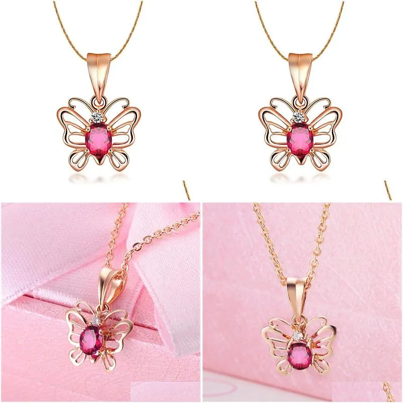 Pendant Necklaces Rose Gold Necklace Dancing Butterfly Gemstone Pendant Necklaces 18K Cutout Ruby Pendants Party Gift Jewelry Drop Del Dhtuq