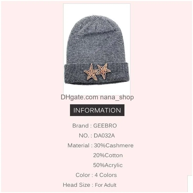 Berets Men Women Cashmere Knitted Beanie Hat With 2 Diamonds Stars Rhinestone Accessories Warm Sklies Beanies Plover Cuff Cap Drop De Dhyo6