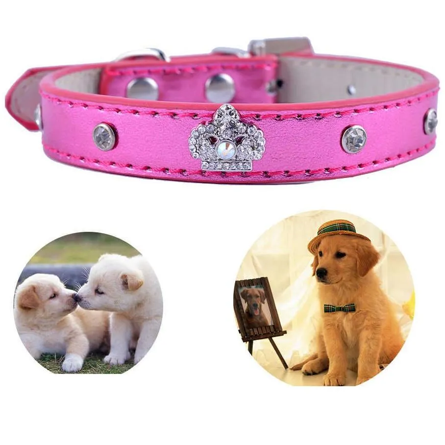 Dog Collars & Leashes Fashion Leather Dog Collar Crystal Studded Accessories Diamante Crown Charm For Neck Strap Small Pet Supplies Dr Dhwob
