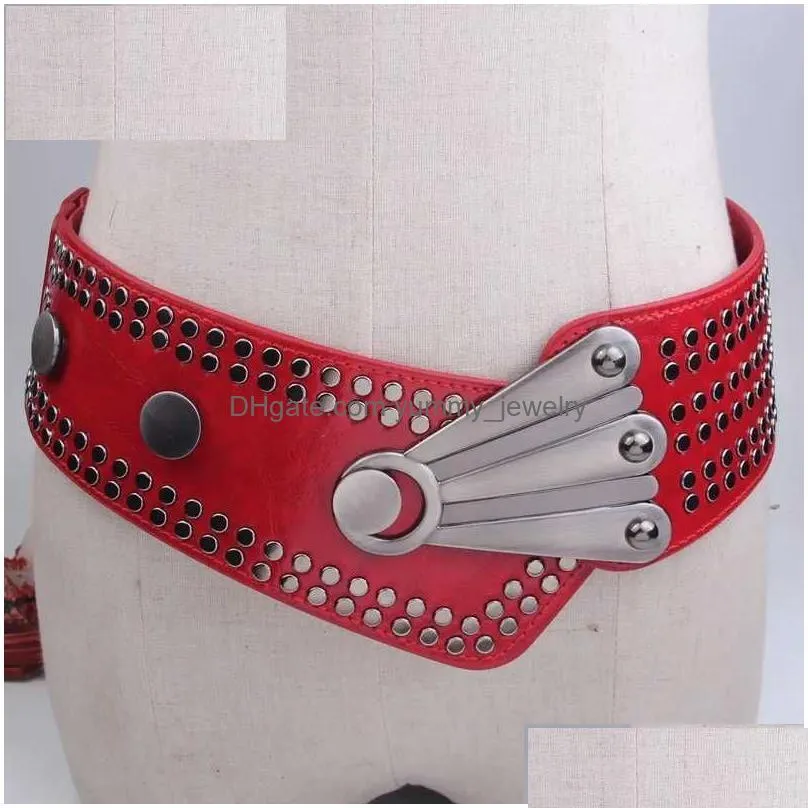 Belts New Fashion Retro Wide Female Luxury Rivet Exquisite Ladies Elastic Red Black Corset Belt Dresses Waistband Drop Delivery Dhdag