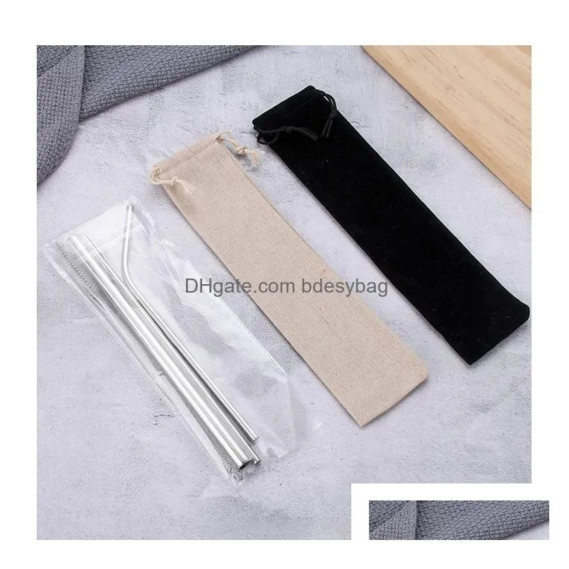 Drinking Straws 304 Stainless Steel Reusable Drinking Sts Set With Cleaner Brush Cloth Bag Smoothies St Party Bar Tool Accessories Dro Dheg7