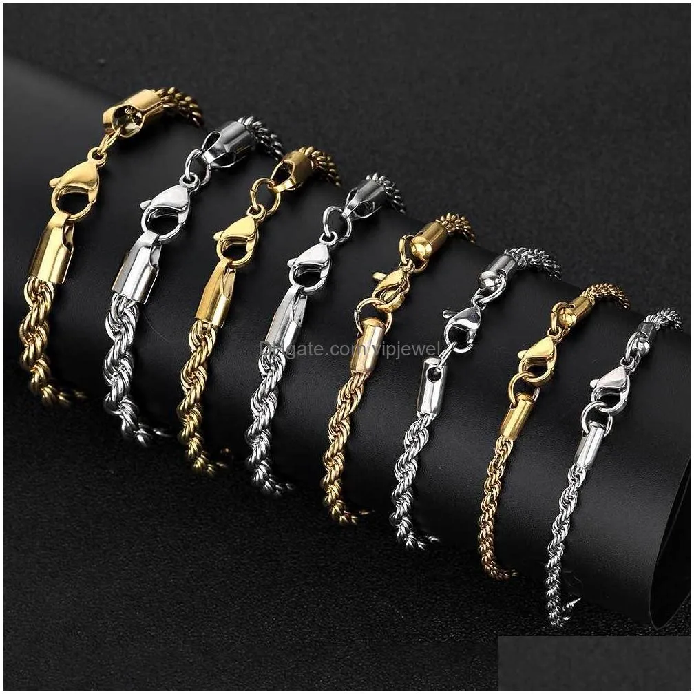 simple rope chain stainless steel twisted bracelet 3/4/5/6mm gold silver stainless steel chain bracelet wholesale anti-rust /reduced