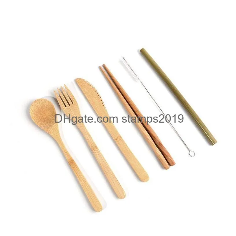 6 pcs/set bamboo flatware portable easy carrying dinnerware set bamboo straw cutlery set with bag and brush outdoor camping bh2302 cy