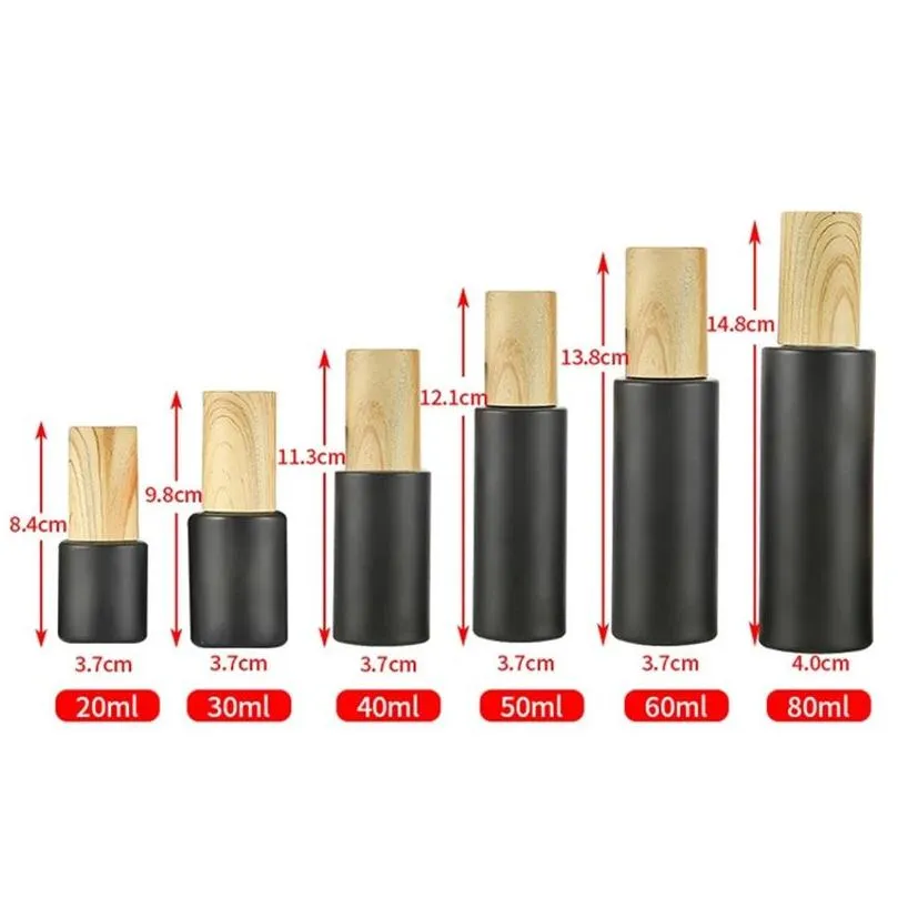 wholesale black frosted glass cosmetic bottle empty cream jars spray lotion pump bottles refillable container with wood grain plastic