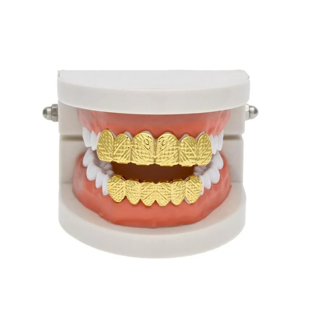 Grillz Dental Grills New Real Gold Sier Plated Hip Hop Lattice Shape Teeth Top Bootom Groll Set With Sile Fashion Party Jewelry Drop D