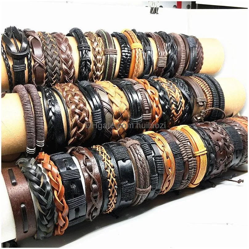 wholesale 100pcs/lot cuff leather bracelets handmade genuine leather fashion bracelet bangles for men women jewelry mix colors brand