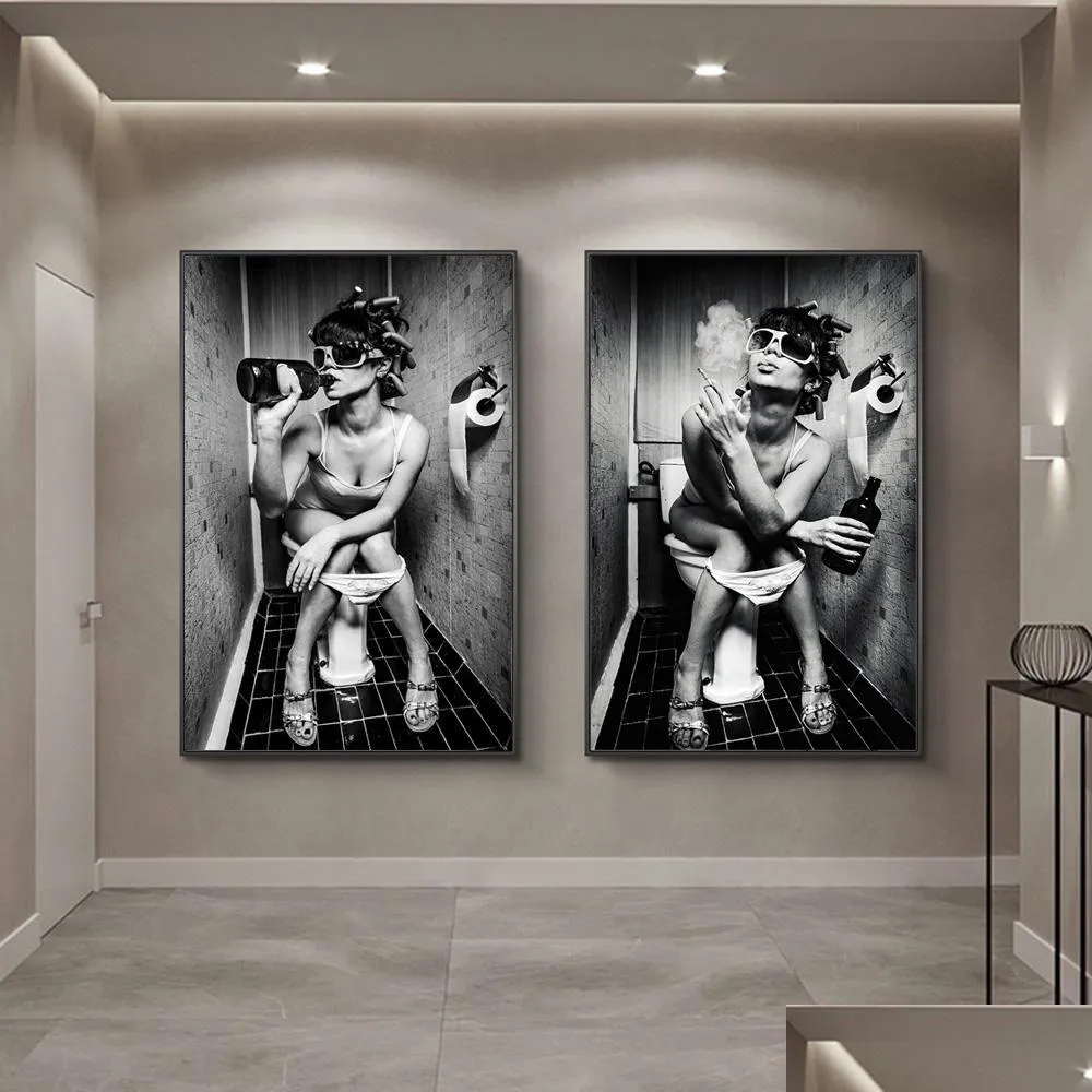 nordic canvas art posters and prints sexy girl sit in a toilet black and white woman smoke and drink in restroom picture poster