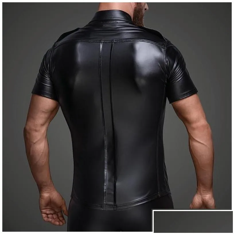 mens t-shirts mens t-shirts men y wetlook latex button soft faux pu leather shirt tops clubwear fetish punk lingerie bodysuit shirts