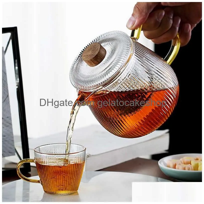 glass teapot duckbill vertical pattern heat resistant pot with filter handle kettle coffee jug 210621